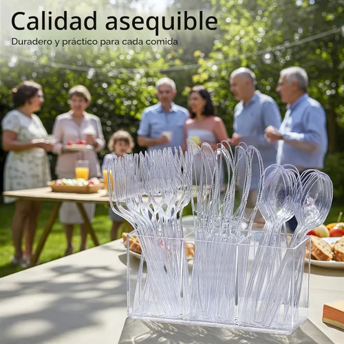 Miniatura 6 de Juego de cubiertos de plástico desechable de plata [200 unidades], juego de tenedores y cucharas de plástico resistentes, juego de cubiertos