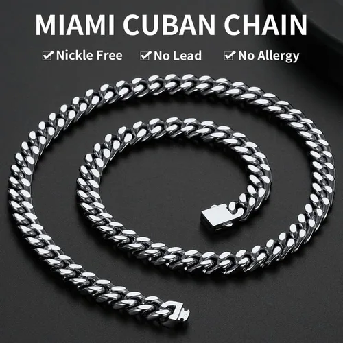Miniatura 2 de ChainsHouse Cadena de eslabones cubanos de acero inoxidable para hombre, negrooro de 18 quilates, cadena cubana de Miami, 570.354 in0.472 in