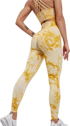 Miniatura 5 de YuMENo Conjuntos de entrenamiento de teñido anudado para mujer, 2 piezas, sin costuras, cintura alta, leggings de yoga con brasier deportivo, ropa