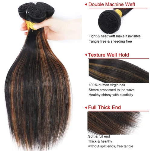 Miniatura 5 de Extensiones de cabello humano marrón con reflejos de Haha con cierre, extensiones lisas con cierre ombre, extensiones de cabello humano con cierre