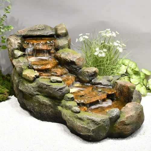 Bumilgar Fuente de agua para jardín al aire libre, 42.1 pulgadas de largo, fuente de roca escalonada de pie con luces LED y bomba para jardín, patio