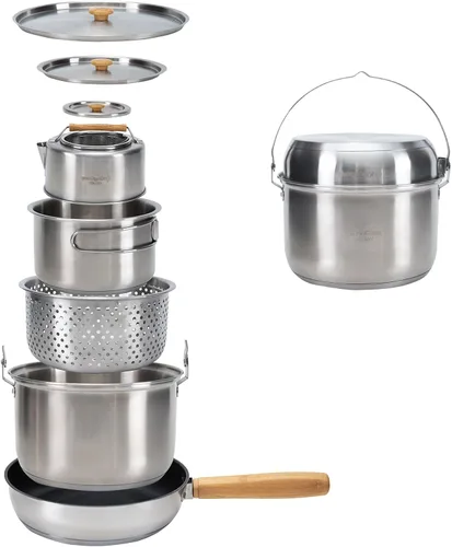 Miniatura 9 de KingCamp Juego de utensilios de cocina de acero inoxidable 304 ollas de cocina para fogata y hervidor de agua con bolsa de viaje para acampar al
