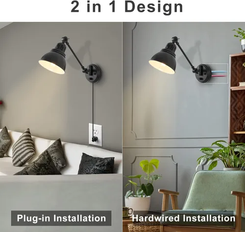 Miniatura 5 de GOODATE ENCOMLI - Juego de 2 apliques de pared enchufables con interruptor de encendido y apagado regulable, lámpara de pared con brazo oscilante