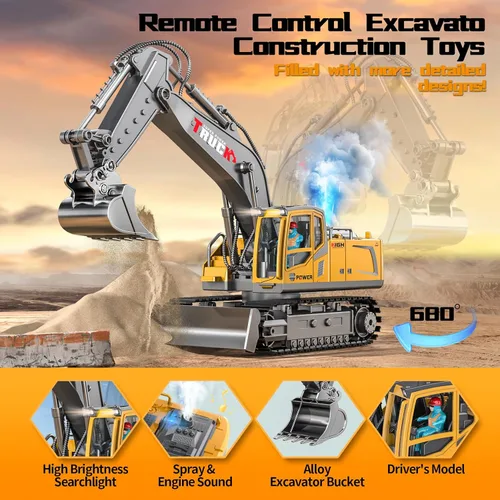Miniatura 4 de Juguete de construcción de excavadora de control remoto de 17 canales para niños, juguete de excavadora RC de 2400 mAh con pala de metal, aerosol