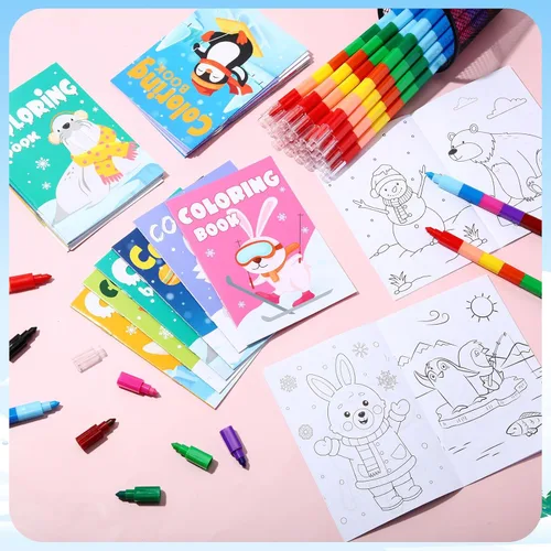 Miniatura 4 de Funrous 24 piezas de libros para colorear de invierno de Navidad a granel con 24 crayones apilables, páginas para dibujar de osos polares, muñecos