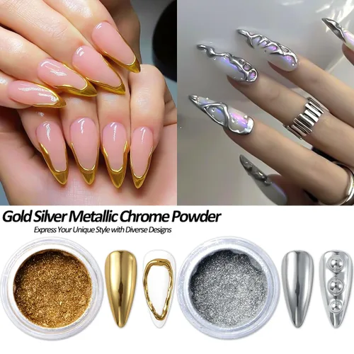 Miniatura 3 de Kit de Polvo de Uñas Cromado y Gel de Uñas 3D, Efecto Espejo Metálico Brillante Polvo Cromado Para Arte de Uñas, Pigmento de Polvo de Inmersión
