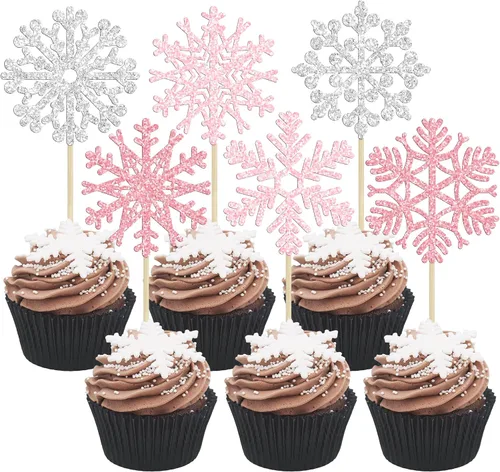 Miniatura 14 de 24 piezas de adornos para cupcakes de copo de nieve, copo de nieve azul con purpurina, adornos para cupcakes de invierno, adornos para pasteles