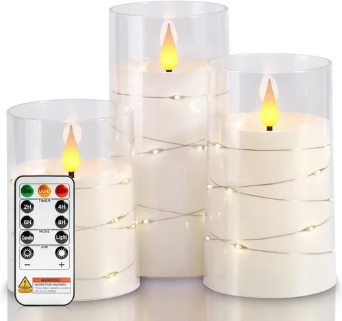 Miniatura 19 de Homemory Velas sin llama con luces de hadas de cadena de estrellas incrustadas, velas que funcionan con pilas, velas LED, velas falsas con control