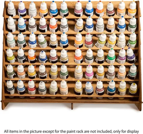 Miniatura 4 de Soporte para pintura de pared, funciona para Warhammer 40K, DnD, otras figuritas, 72 agujeros para botellas de pintura Vallejo, estante de madera
