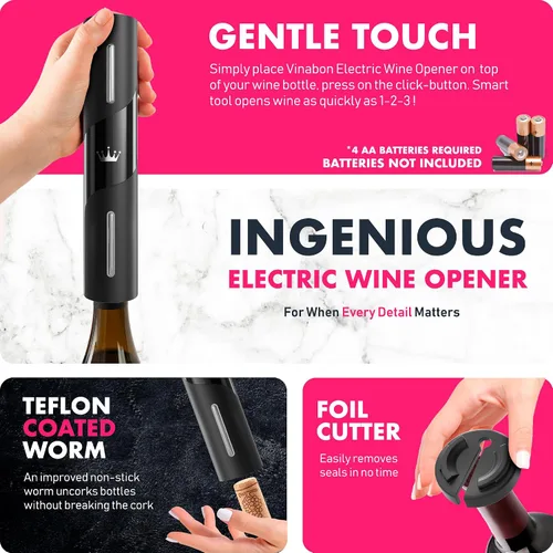Miniatura 4 de VINABON Abrebotellas de vino eléctrico actualizado 2026 con cortador de papel de aluminio de vino - Abridor de vino electrónico automático