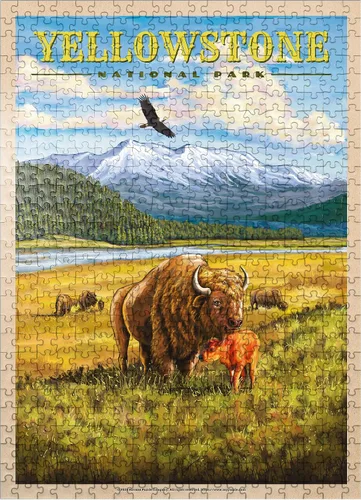 MyPuzzle Yellowstone National Park - Bisons del valle de Hayden, póster de viaje vintage, rompecabezas prémium de 500 piezas para adultos