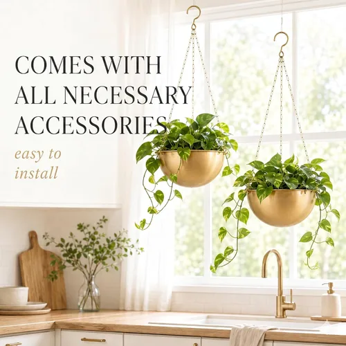 Miniatura 9 de AceList Paquete de 2 macetas colgantes doradas para plantas de interior, colgador de plantas de metal bohemio de 9.8 pulgadas para interiores