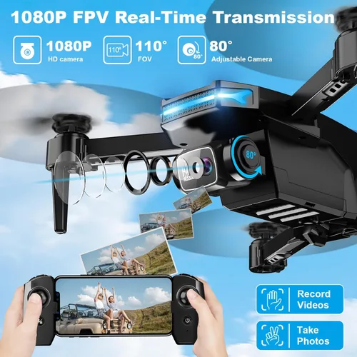 Miniatura 3 de Drone con cámara 1080P - Cuadricóptero plegable con control de gestos, giro 3D, inicio de una tecla, parada de emergencia, 2 baterías, más fácil
