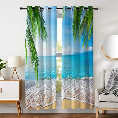 Miniatura 8 de Cortinas opacas de playa con hojas de palmera tropicales, 2 paneles de 84 pulgadas de largo, para dormitorio, sala de estar, guardería, 52 x 84