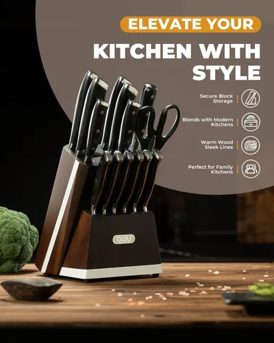 Miniatura 2 de OOU Juego de cuchillos de cocina 2025 con bloque, juego de cuchillos de acero inoxidable alemán de 15 piezas con varilla de afilar, mango de madera