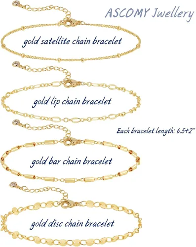 Miniatura 6 de ASCOMY Pulsera para mujer, pulseras de oro para niñas, delicadas pulseras de espiga con clip de papel, juego de pulseras de cadena de cuerda en capas