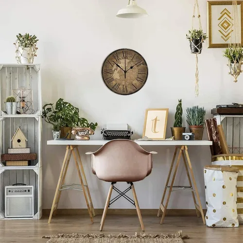 Miniatura 6 de Reloj de pared de madera de estilo vintage, mapa del viejo mundo, 10 pulgadas, rústico, redondo, de madera, sin tictac, silencioso, estilo retro