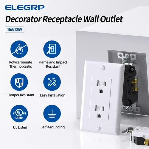 Miniatura 2 de ELEGRP Toma de corriente decorativa de pared, resistente a manipulaciones, 15 amperios, enchufe eléctrico estándar de pared, grado residencial