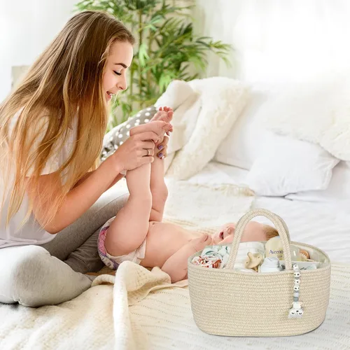 Miniatura 40 de Organizador de pañales para bebé con cuerda de algodón para niña o niño, cesta de almacenamiento portátil para guardería, bolsa de transporte