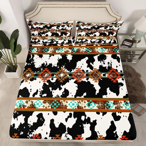 Miniatura 27 de Juego de ropa de cama de estilo bohemio occidental, tamaño individual, diseño de vaca atrapasueños, sábana bajera ajustable del suroeste, tribu