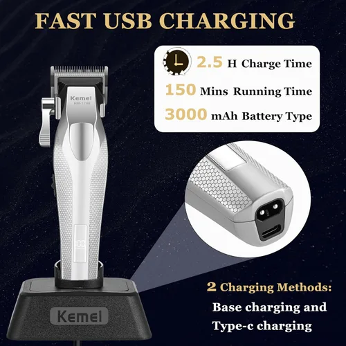 Miniatura 4 de KEMEI 1798 - Cortadora de pelo profesional para hombres, 9100 RPM inalámbrica, con cuerpo de metal, recortadora de pelo de 3000 mAh con pantalla