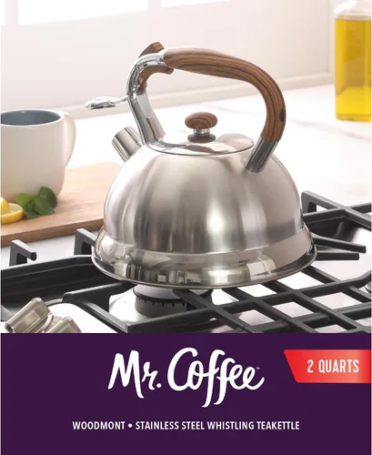 Miniatura 2 de Mr. Coffee Woodmont - Hervidor de té de acero inoxidable de 2 cuartos con mango de madera, hervidor silbante para estufa, tetera duradera de cocción