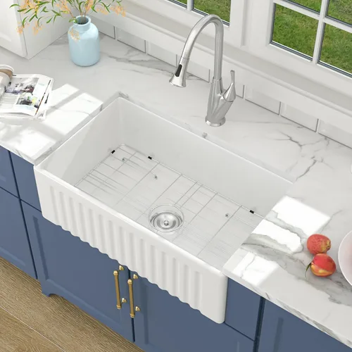 Miniatura 8 de Lordear Fregadero de Cocina Estilo Granja de 36 Pulgadas Blanco de Arcilla Refractaria Porcelana Cerámica Tazón Único Frente de Delantal Fregadero