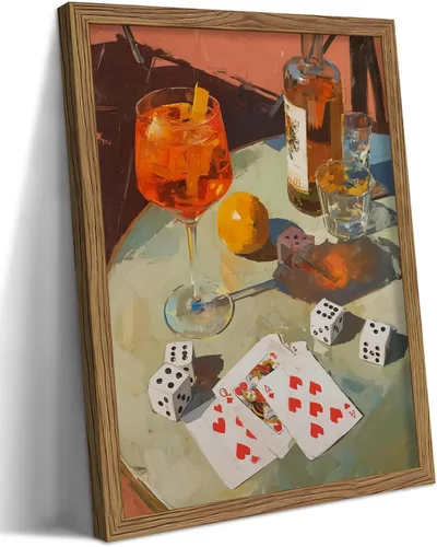 Arte de pared enmarcado para barra de cóctel, dados vintage y lienzo de póquer, pintura de decoración de pared, barra de licor de whisky, naturaleza