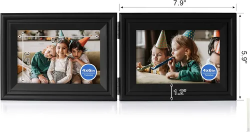 Miniatura 2 de Marco de fotos plegable de 4 x 6 pulgadas con bisagras horizontales en madera de pino negro con vidrio real para mesa X2-HEI-2H46