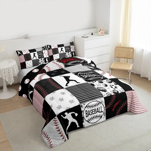 Miniatura 4 de Erosebridal - Juego de edredón individual para niños con diseño de béisbol y sóftbol, juego de cama deportivo acolchado para niños, edredón