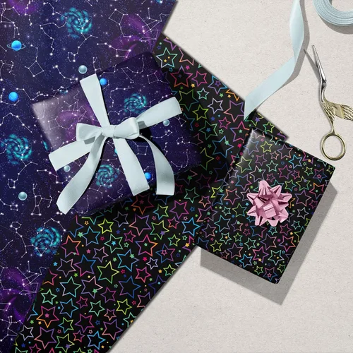 Miniatura 7 de GIOLNIAY Papel de regalo de galaxia para niños y niñas, cumpleaños, baby shower, estrellas de neón, cielo nocturno, galaxia con nebulosa, 8 hojas