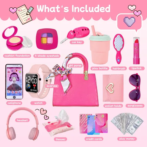 Miniatura 2 de Bolso para niña con maquillaje de simulación para niños pequeños, juego de monedero para niños, incluye bolso, auriculares de juego, cartera