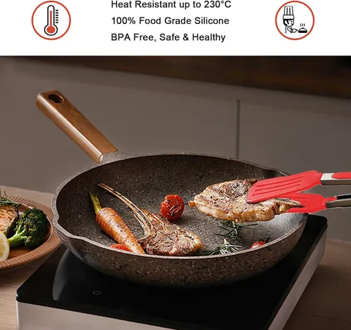 Miniatura 3 de Juego de 4 pinzas de cocina de silicona, antiadherentes de acero inoxidable con puntas de silicona sin BPA para servir pasta, espagueti, bistec, Rojo