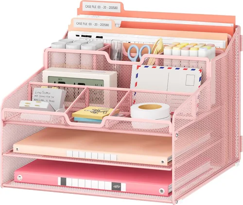 Miniatura 13 de Lavatino Organizador de escritorio, malla metálica con 2 bandejas de papel para cartas, 7 divisores flexibles, 2 soportes verticales para archivos
