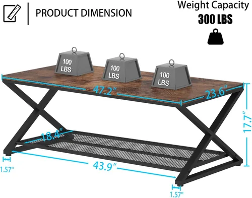 Miniatura 2 de LVB Mesa de café negra, mesas centrales de 2 niveles de metal y madera con estante de almacenamiento, mesa de té moderna rectangular para el cóctel