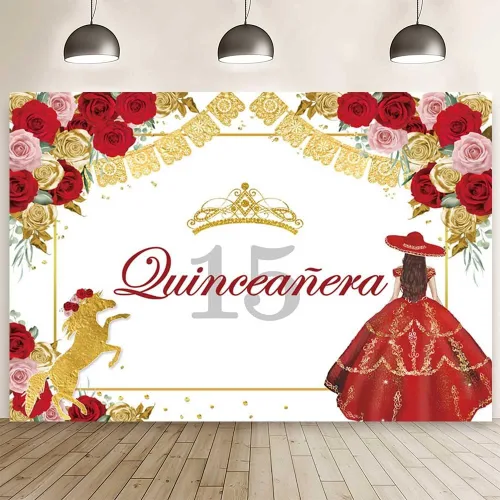 Miniatura 9 de AIBIIN Fondo de quinceañera azul de 7 x 5 pies para quinceañera para cumpleaños de 15 años, telón de fondo de fiesta mexicana, corona de rosa