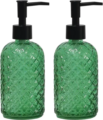 Miniatura 7 de Dispensador de jabón de vidrio verde con bomba de plástico negro, dispensador de jabón líquido para manos recargable de 12 oz, paquete de 2 botellas