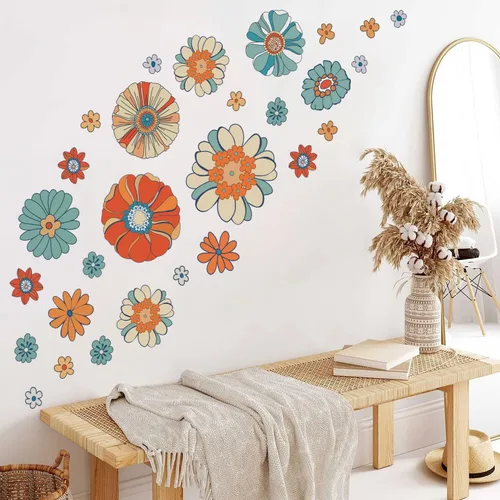Miniatura 4 de Supzone Calcomanías de pared florales retro estilo bohemio, diseño de margaritas hippie, para dormitorio, sala de estar, oficina, sofá, TV