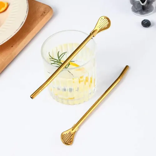 Miniatura 6 de 8 popotes de yerba mate, de acero inoxidable reutilizables dorados, cucharas con cepillo de limpieza para pajitas