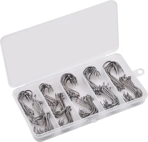 Miniatura 7 de Kit de anzuelos de pesca de pulpo, 130 piezas de ganchos circulares de pulpo desplazados, anzuelos en J de acero de alto carbono para agua dulce