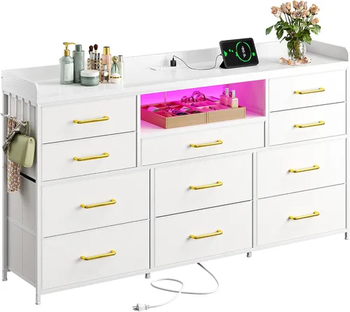 Miniatura 10 de Cómoda negra para dormitorio con luces LED y estación de carga y 4 ganchos, 11 cajones y cómodas de tela larga para TV de 50, 55, 60 pulgadas