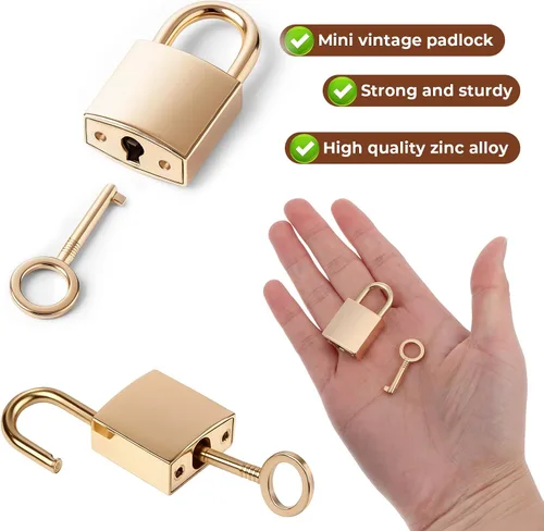 Miniatura 3 de Mini candado antiguo de oro con llave, cerradura de metal de bronce vintage, cerraduras de equipaje pequeñas para joyero, caja de almacenamiento