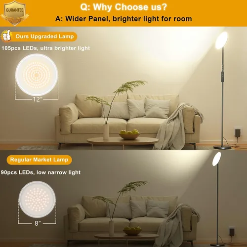 Miniatura 4 de Lámpara de pie LED, lámpara de pie brillante de 36 W 3600 lúmenes, equivalente a 350 W con control remoto y táctil, lámpara de pie moderna con Negro