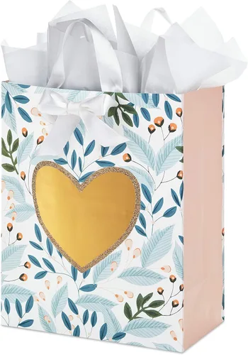 Miniatura 6 de Hallmark Bolsa de regalo grande de 13 pulgadas con papel de seda (follaje verde, corazón dorado) para bodas, compromisos, aniversarios, despedidas