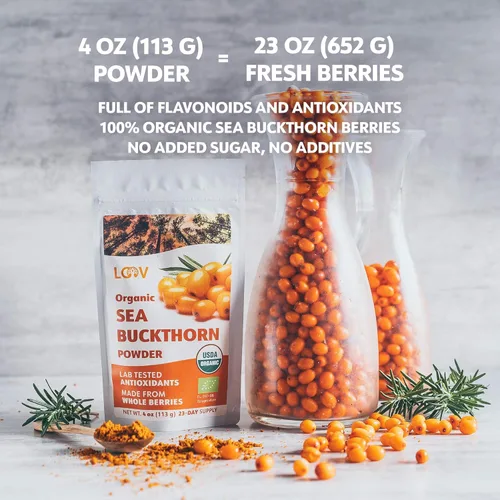 Miniatura 5 de LOOV Polvo de Baya de Espino Amarillo Orgánico, Alto en Fibra, Omegas, Vitamina C, Vitamina E, Hecho de Bayas Enteras, 4 Oz, Cultivado en Clima