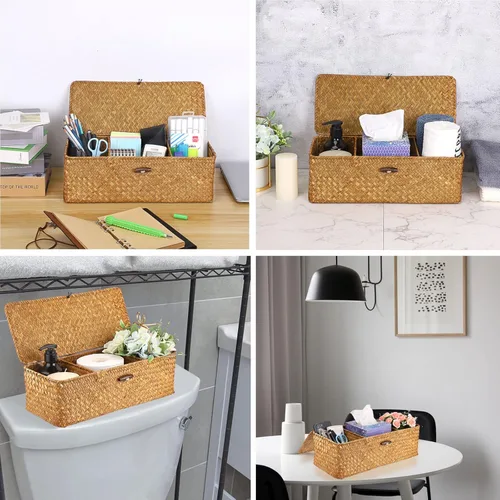 Miniatura 5 de Cesta de almacenamiento Hipiwe de seagrass con tapa, cestas de estante tejidas rectangulares para armarios, despensa, baño, estante de cocina