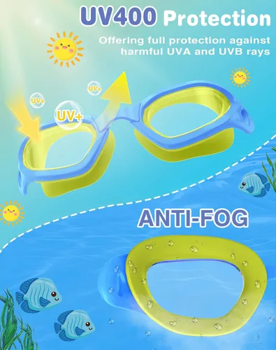Miniatura 2 de Gafas de natación para niños en doble tono, almohadillas ajustables para la nariz y silicona suave a prueba de fugas (6-14), visión clara, antivaho