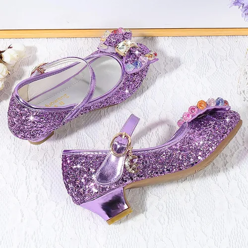 Miniatura 4 de Zapatos de princesa para niños y niñas, con lentejuelas y diamantes de imitación, zapatos de baile de cristal para niños (morado, 5 años)
