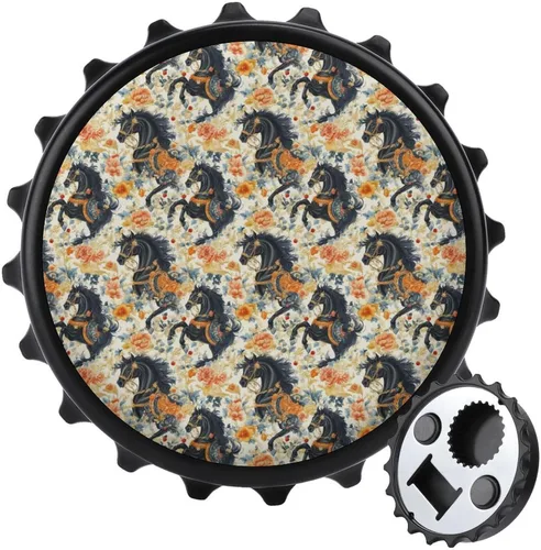 Abrebotellas magnético de cerveza, diseño de caballo negro con flores vintage, portátil, con una sola mano, pequeño abrebotellas magnético para