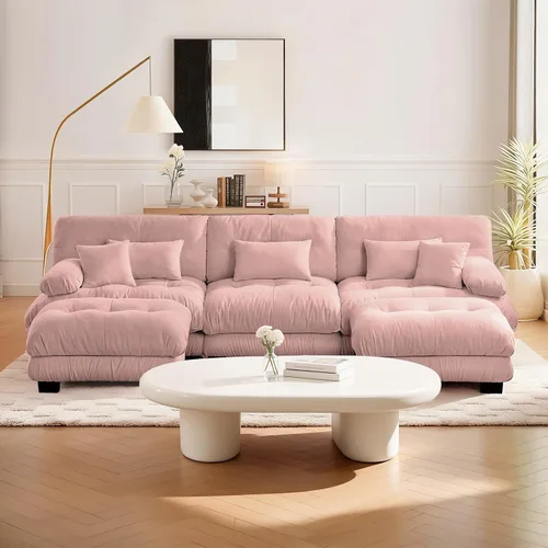 Miniatura 48 de Reposapiés Otomano Tapizado de Terciopelo con Cojín para Sofá Seccional Sofá 300 libras para Sala de Estar (Beige)